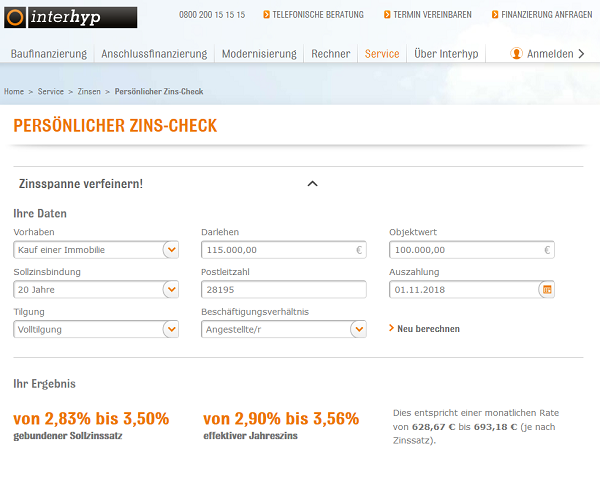 Interhyp Zins Check 100.000 EUR Kredit ohne Eigenkapital Finanzierung MIT Nebenkosten